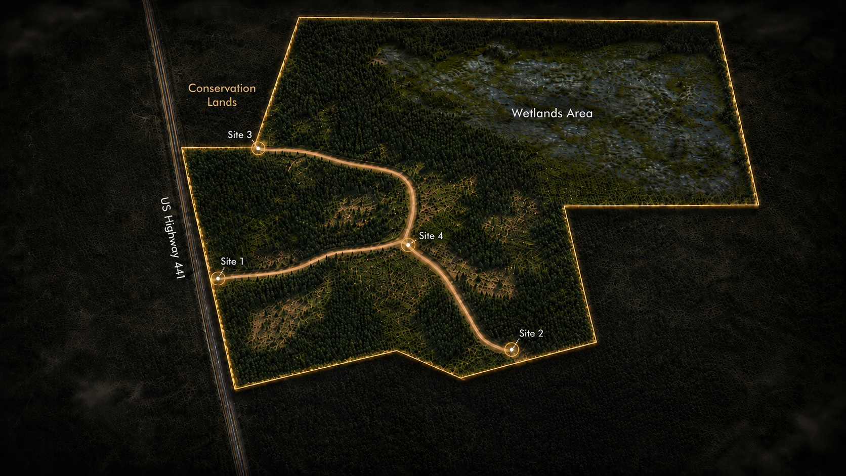 Stylized overview of the Columbia County property and its four exploration areas